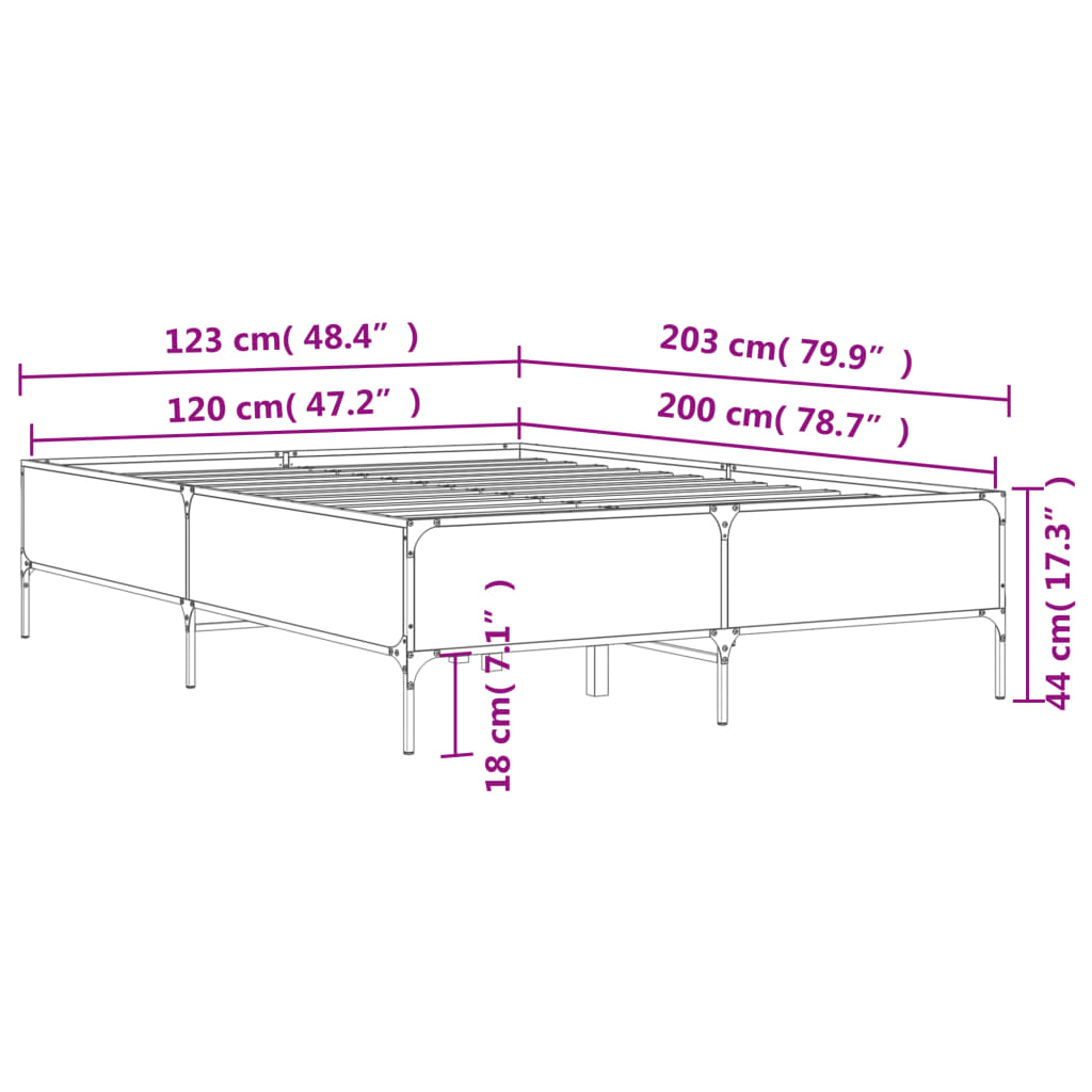 vidaXL gultas rāmis, pelēka ozola 120x200cm, inženierijas koks, metāls