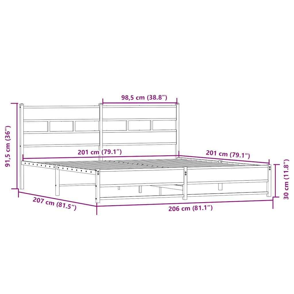 vidaXL gultas rāmis bez matrača, metāls, 200x200cm, ozolkoka imitācija