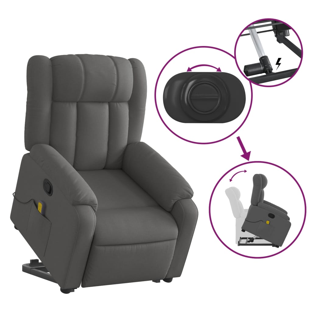 vidaXL masāžas krēsls, paceļams, atgāžams, tumši pelēks audums