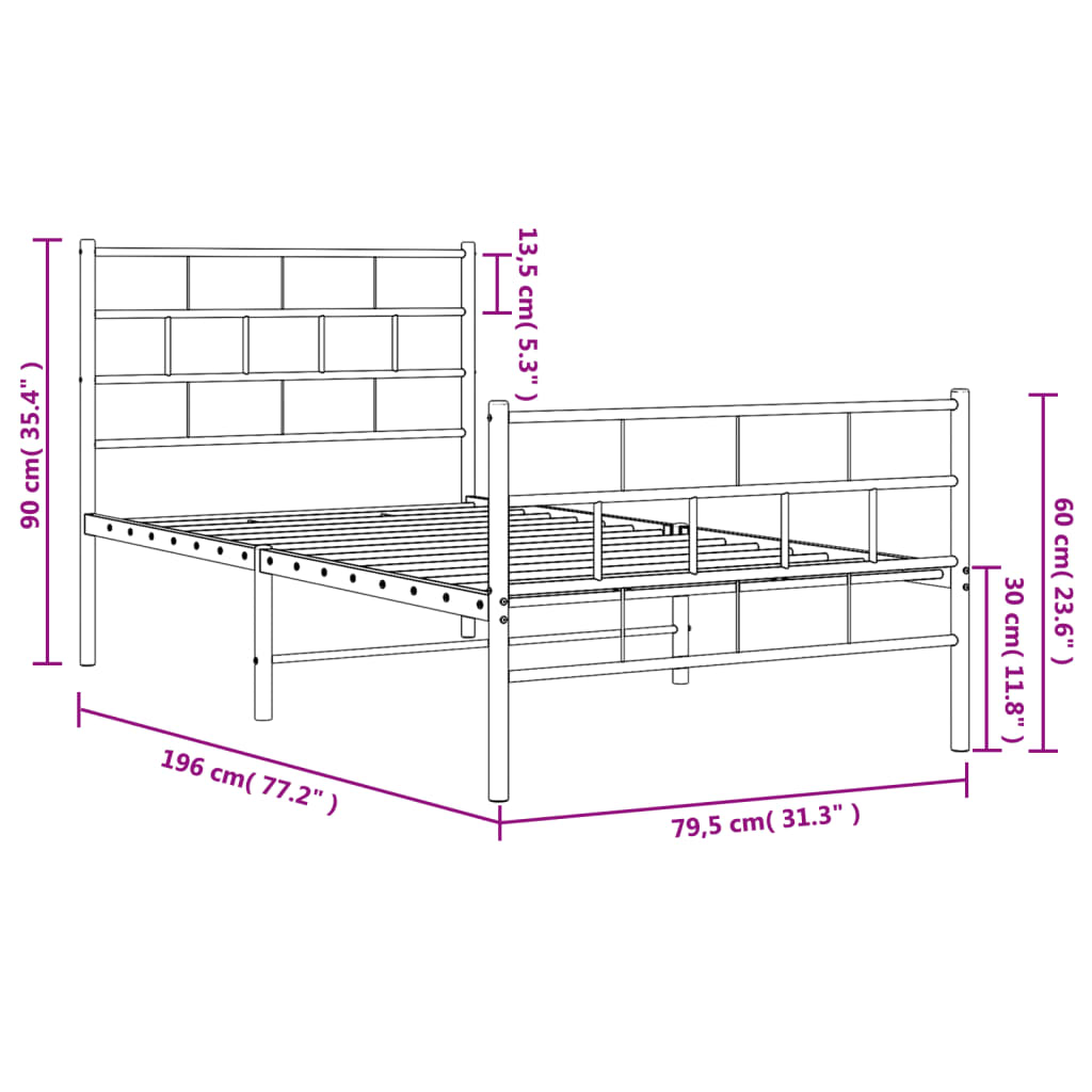 vidaXL gultas rāmis ar galvgali un kājgali, balts metāls, 75x190 cm