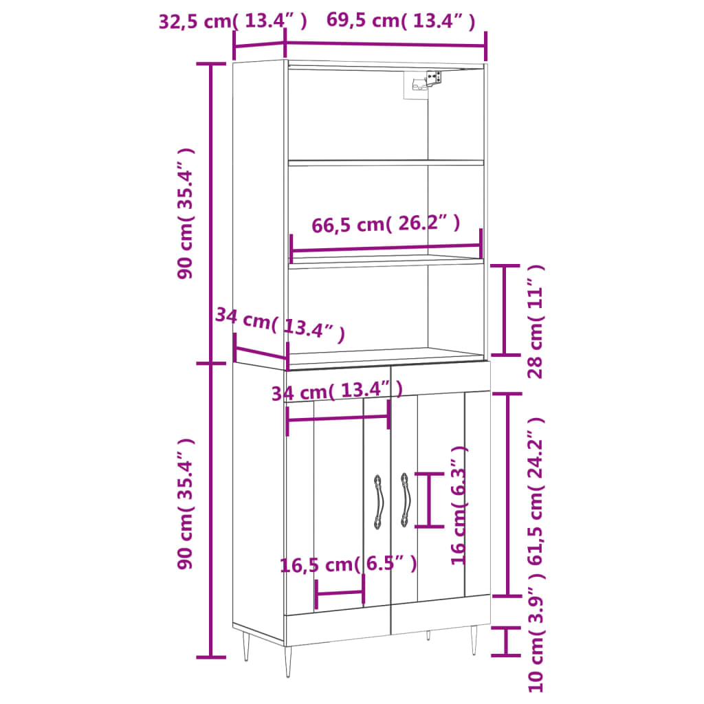 vidaXL augstais skapis, ozolkoka, 69,5x34x180 cm, inženierijas koks