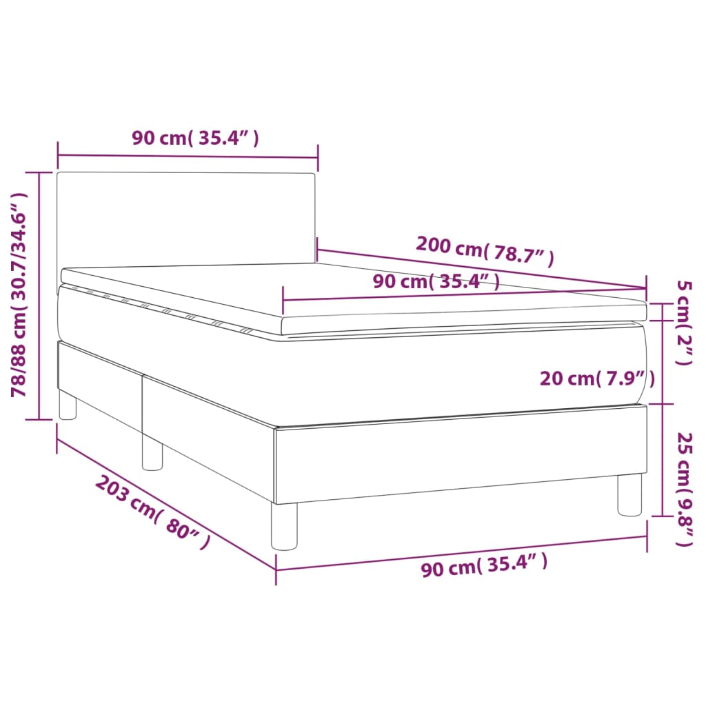 vidaXL atsperu gulta ar matraci, LED, pelēka, 90x200 cm, mākslīgā āda