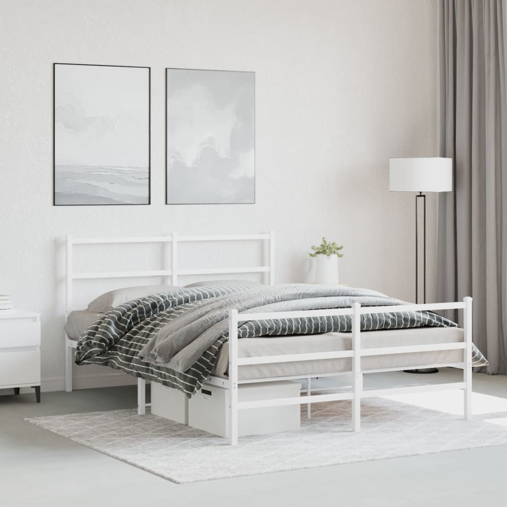 vidaXL gultas rāmis ar galvgali un kājgali, balts metāls, 140x190 cm