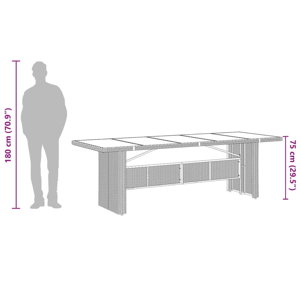 vidaXL dārza galds ar stikla virsmu, 240x90x75cm, melna PE rotangpalma