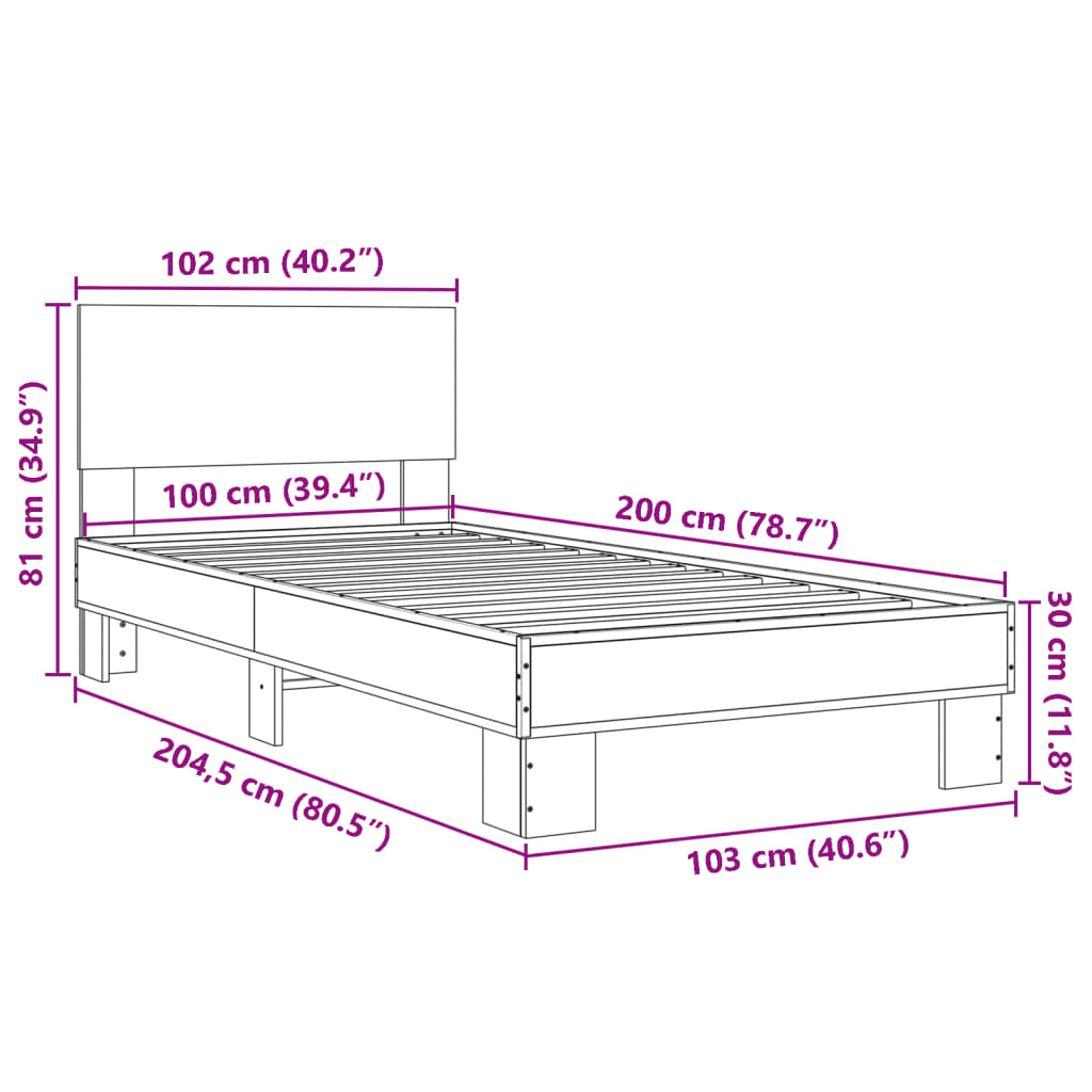 vidaXL gultas rāmis, ozola krāsā, 100x200cm, inženierijas koks, metāls