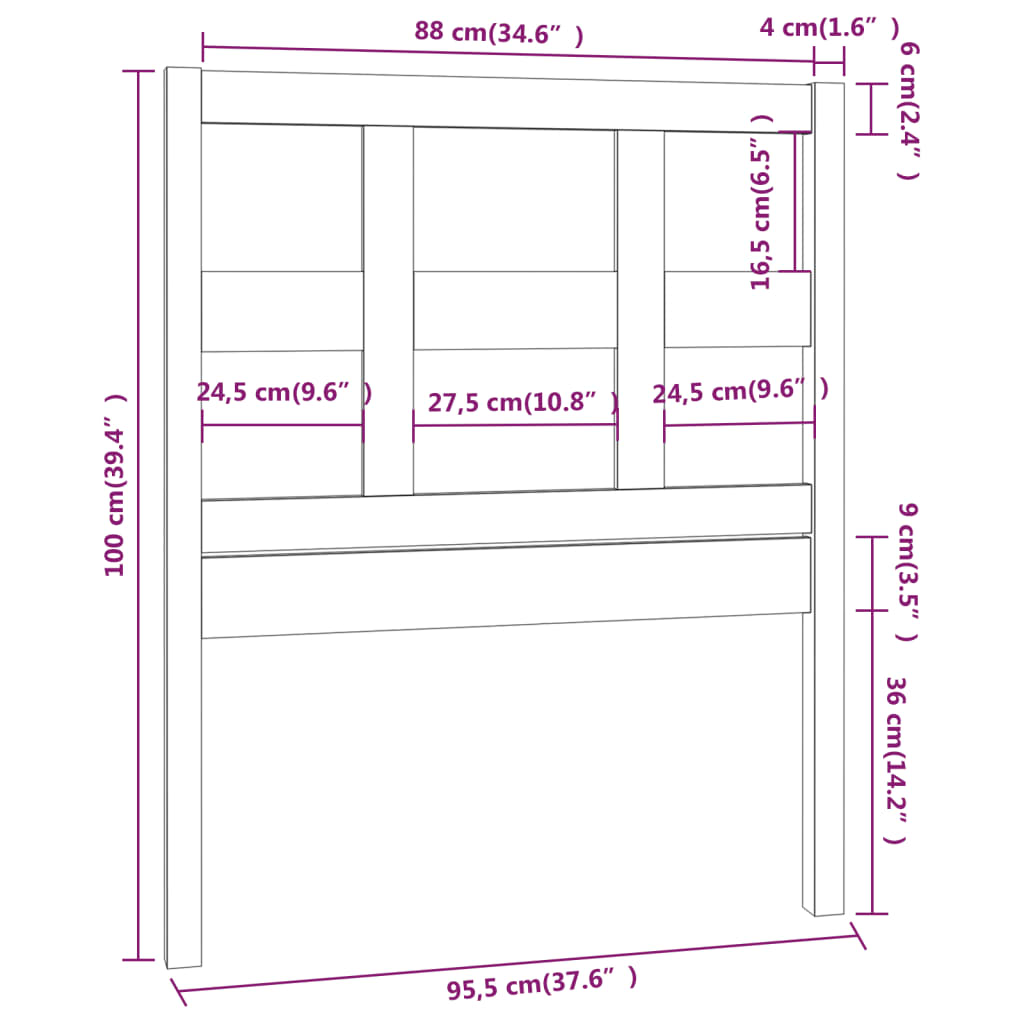 vidaXL gultas galvgalis, melns, 95,5x4x100 cm, priedes masīvkoks