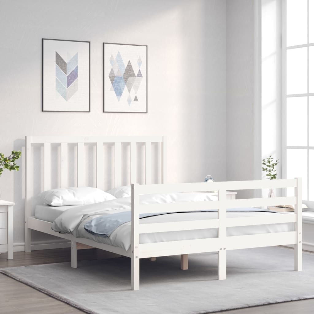vidaXL gultas rāmis ar galvgali, 140x200 cm, masīvkoks, balts