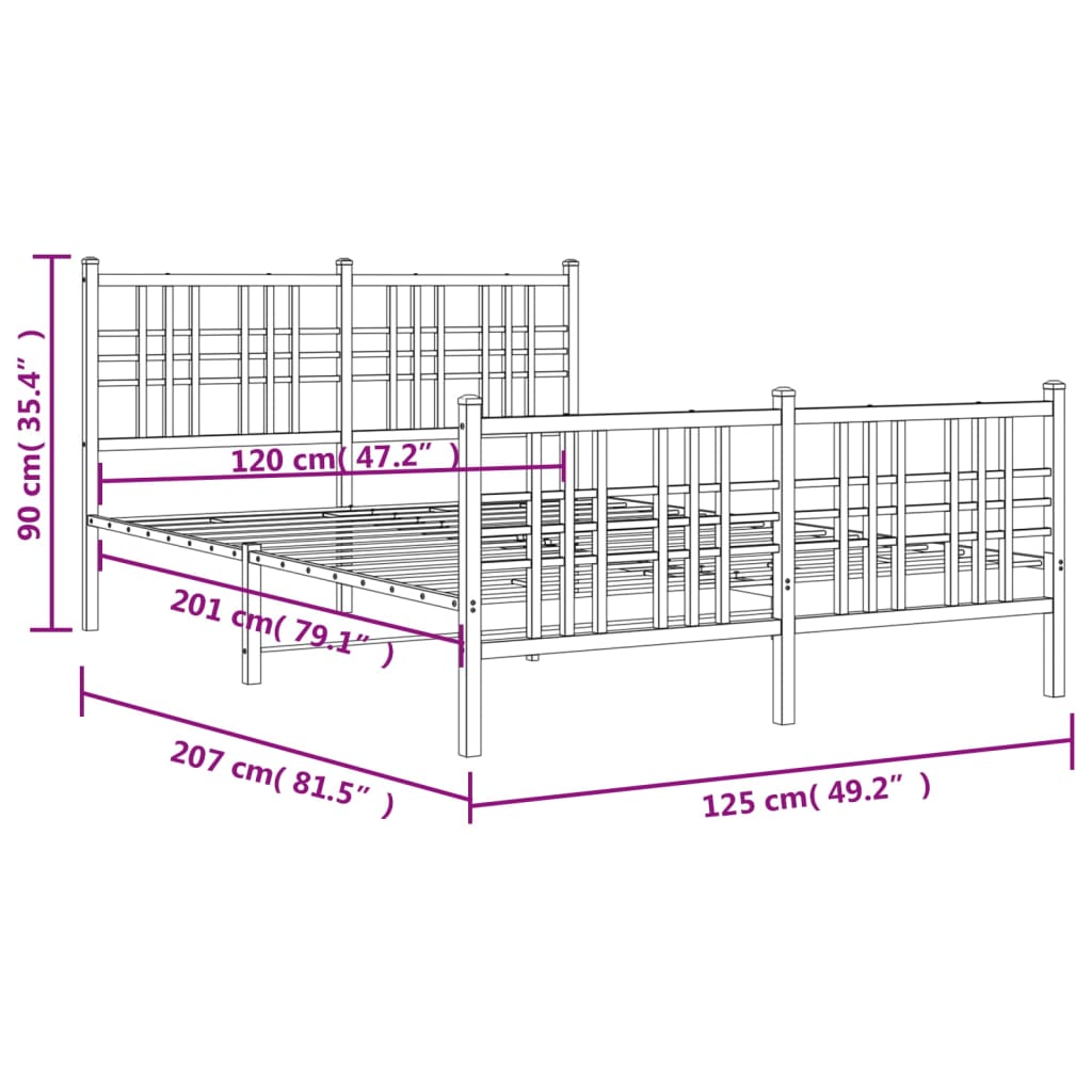 vidaXL gultas rāmis ar galvgali un kājgali, balts metāls, 120x200 cm