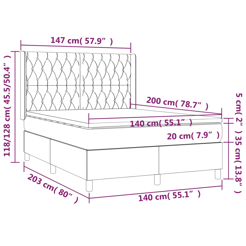 vidaXL atsperu gulta ar matraci, LED, melns audums, 140x200 cm