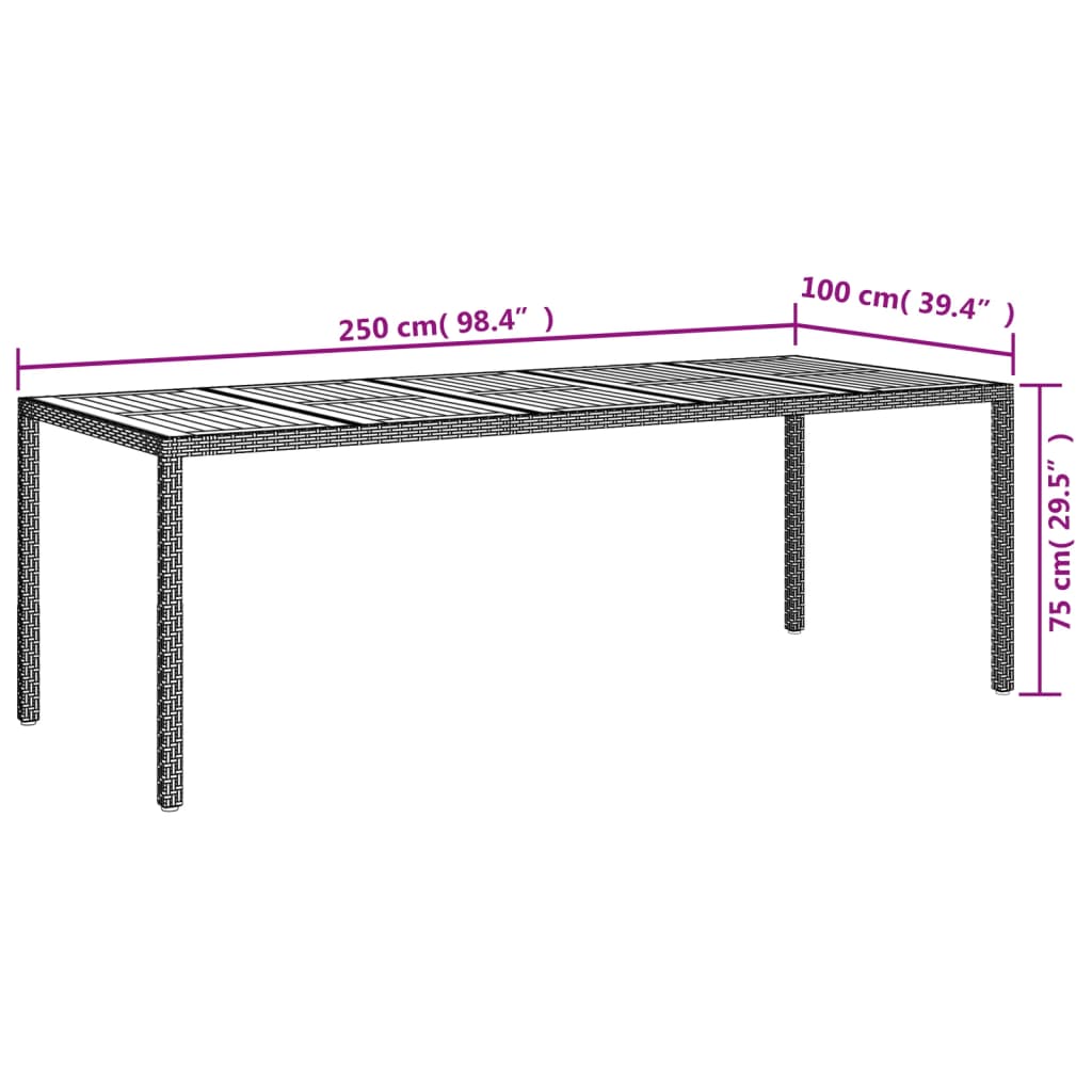 vidaXL dārza galds, melns, 250x100x75 cm, PE rotangpalma