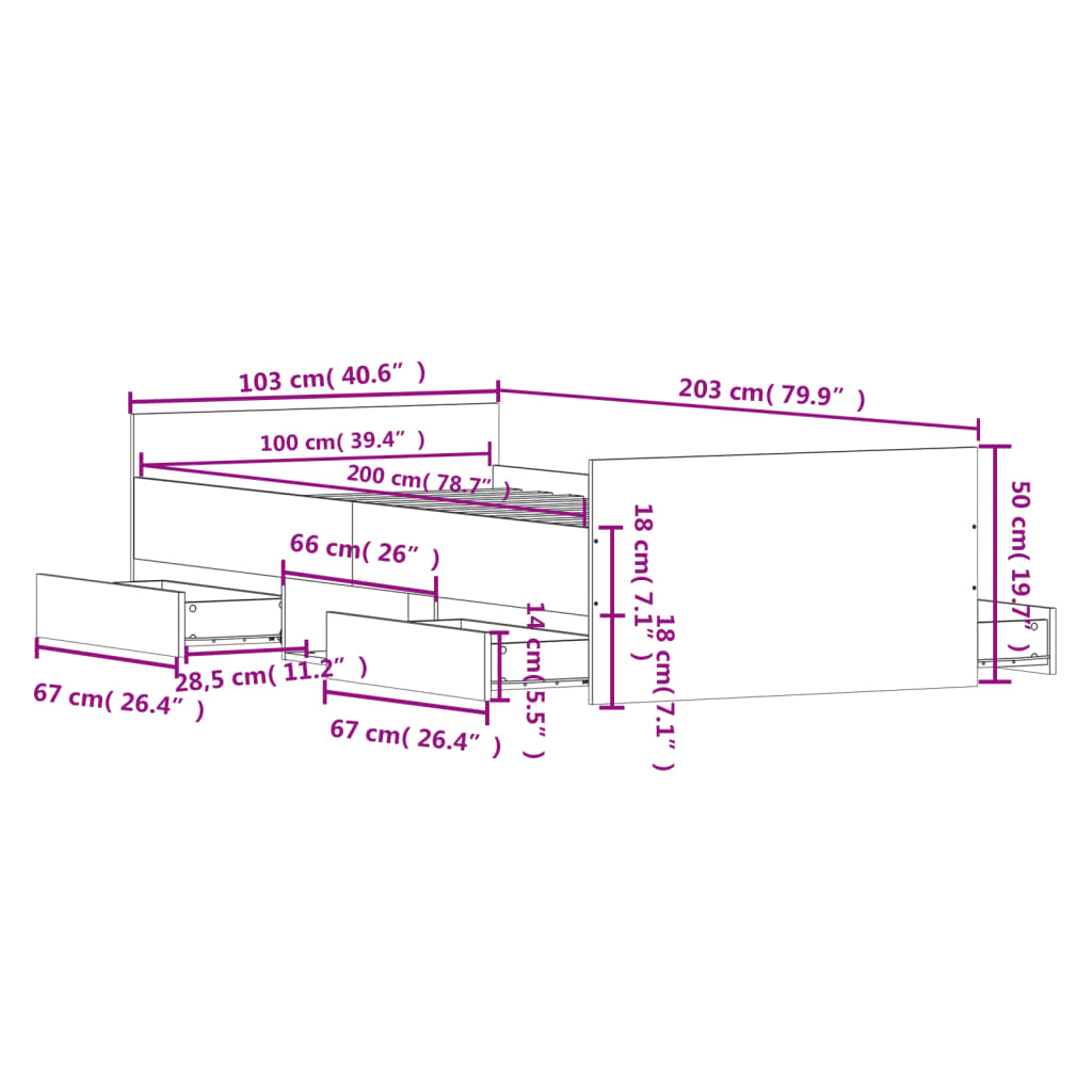 vidaXL gultas rāmis ar galvgali un kājgali, koka krāsa, 100x200 cm