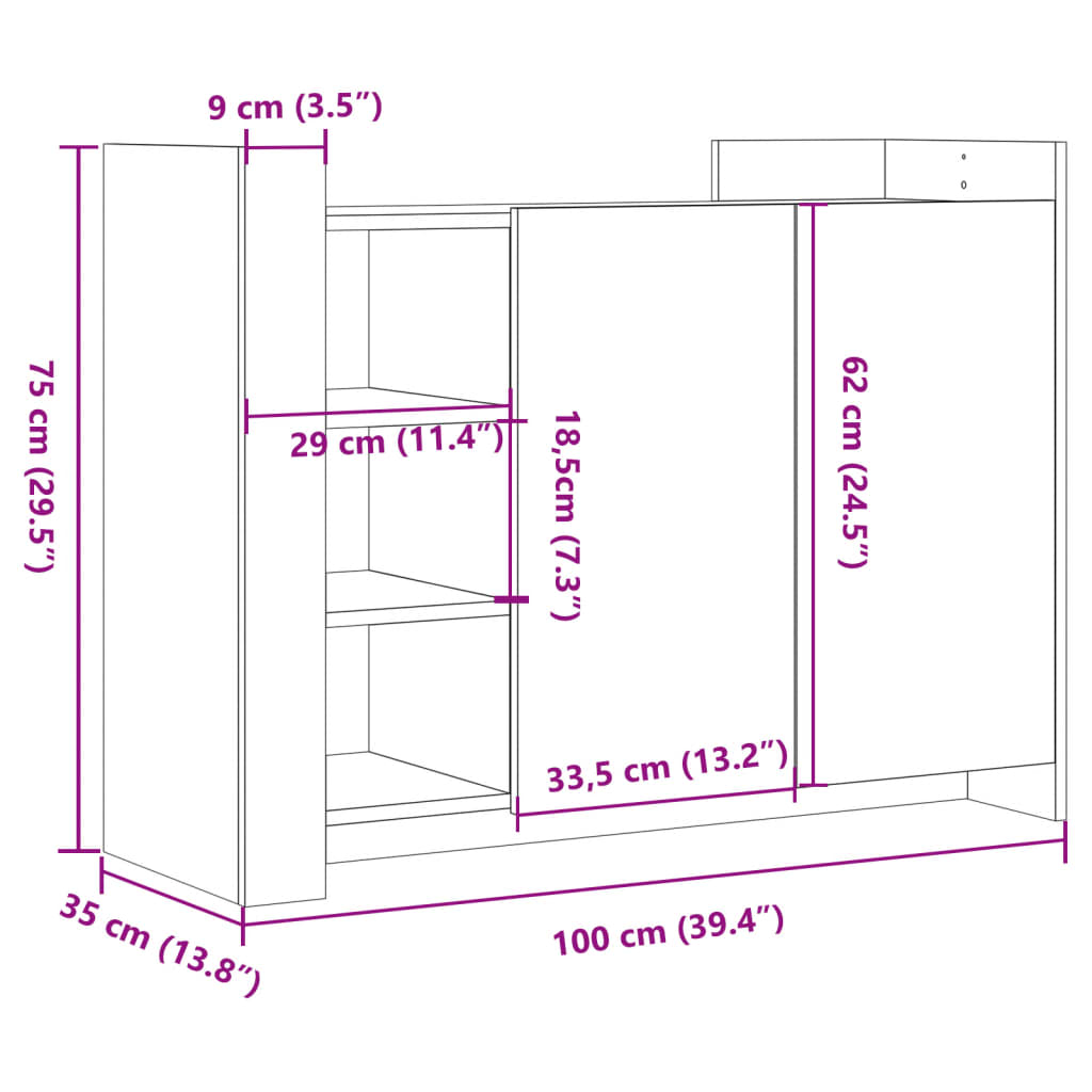 vidaXL kumode, pelēka ozolkoka, 100x35x75 cm, inženierijas koks