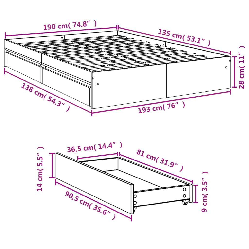 vidaXL gultas rāmis ar atvilktnēm, ozola, 135x190cm, inženierijas koks