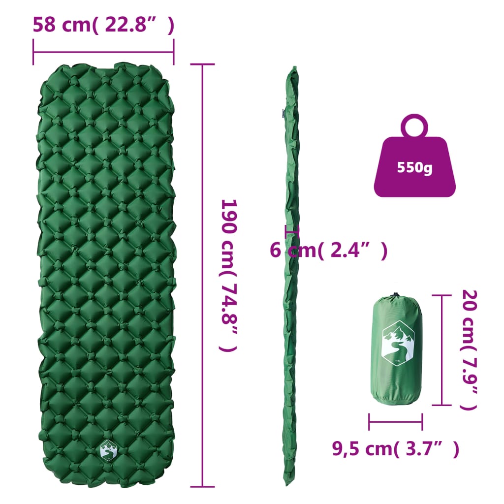 vidaXL piepūšams kempinga matracis, vienvietīgs, 190x58x6 cm, zaļš