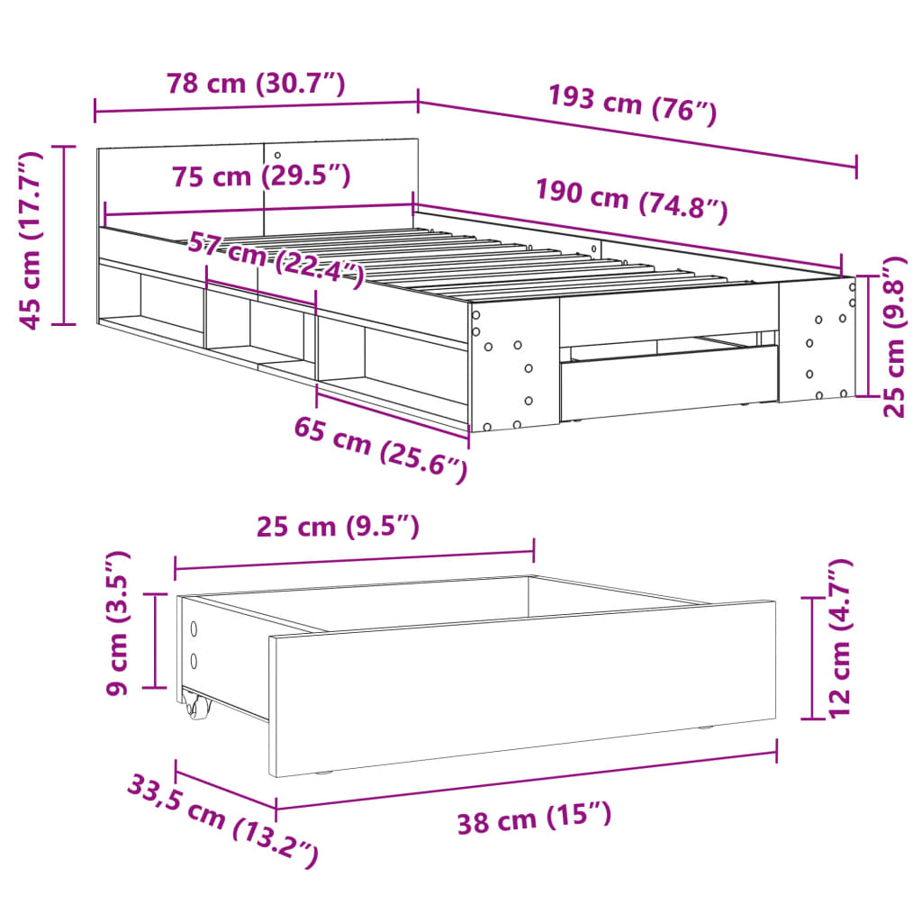 vidaXL gultas rāmis ar atvilktni, ozola, 75x190 cm, inženierijas koks