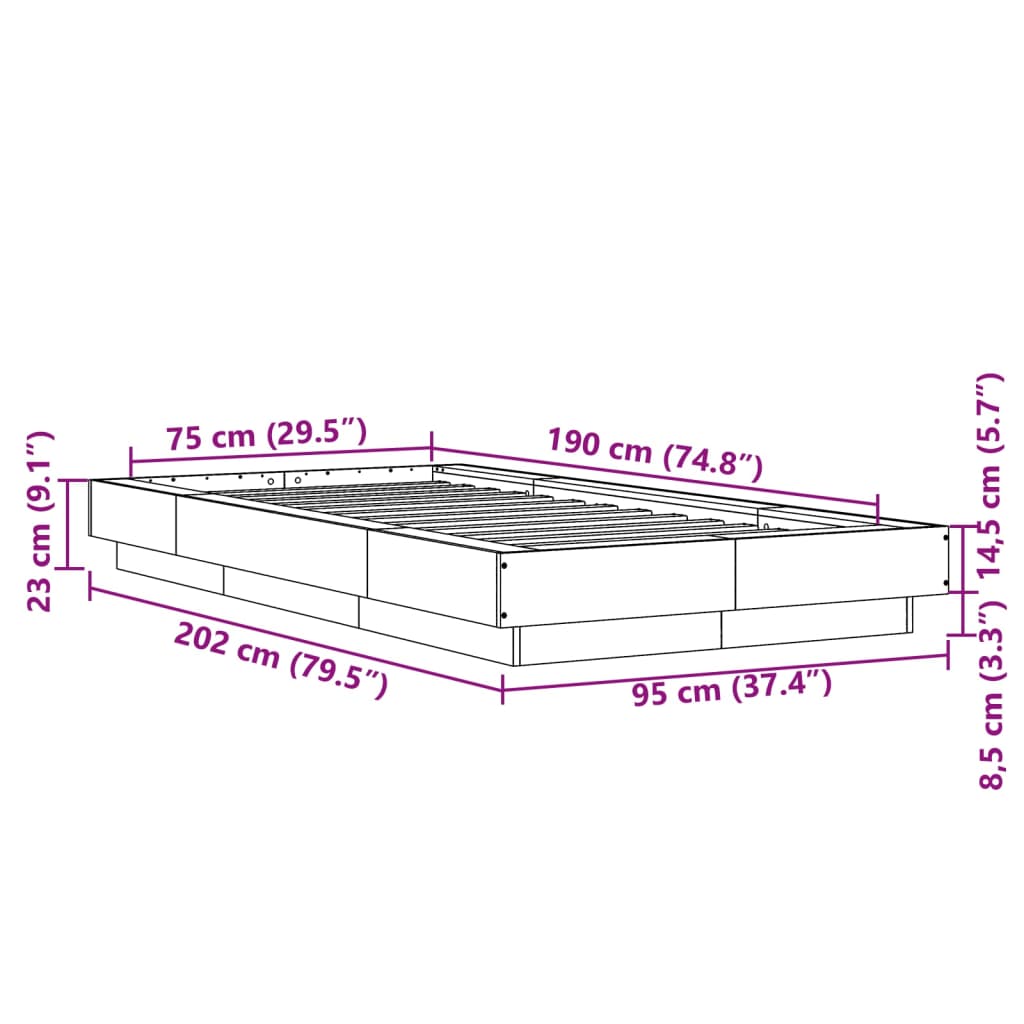 vidaXL gultas rāmis ar LED, brūna ozola, 75x190 cm, inženierijas koks