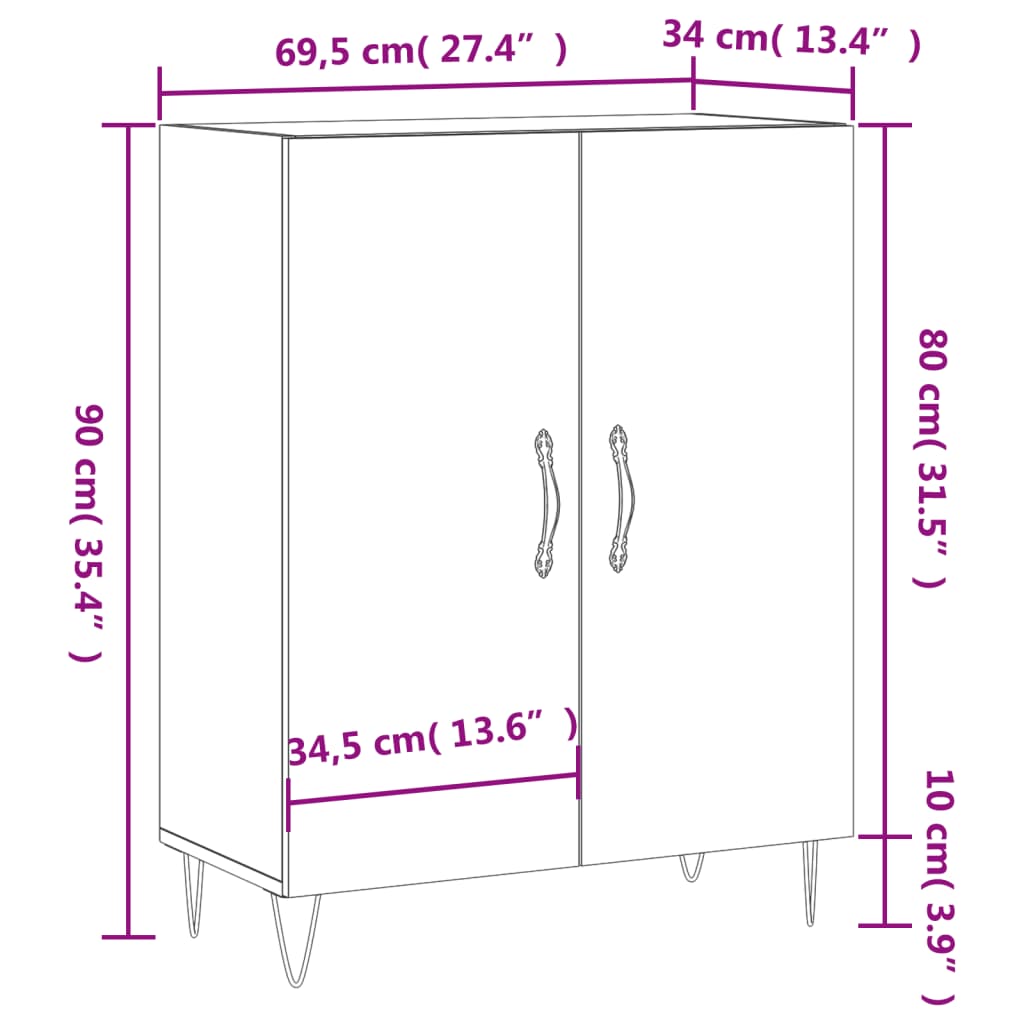 vidaXL kumode, ozolkoka krāsa, 69,5x34x90 cm, inženierijas koks