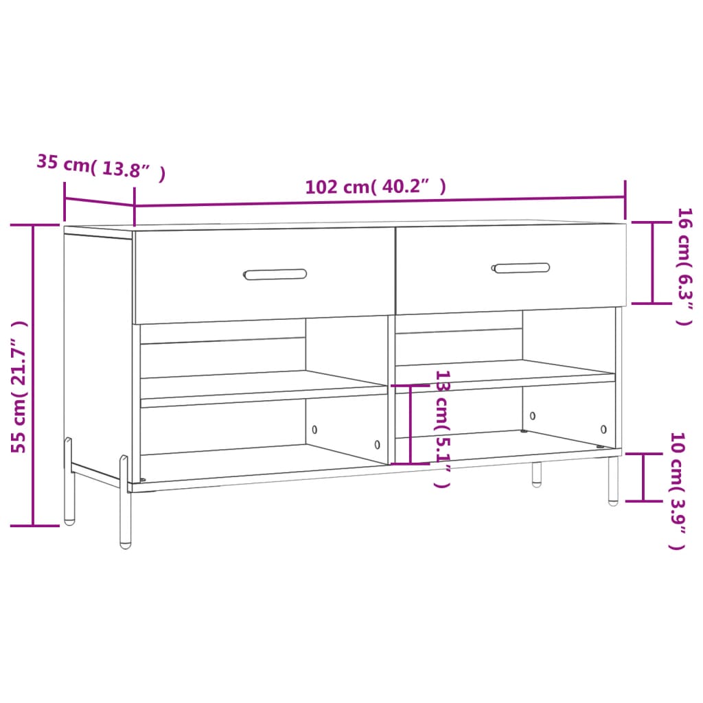 vidaXL apavu skapītis, ozolkoka krāsa, 102x35x55 cm, inženierijas koks