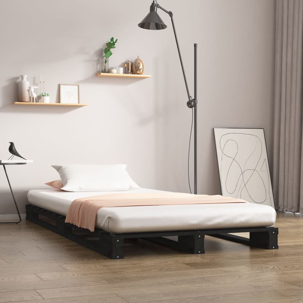 vidaXL palešu gulta, melna, 75x190 cm, priedes masīvkoks, vienvietīga