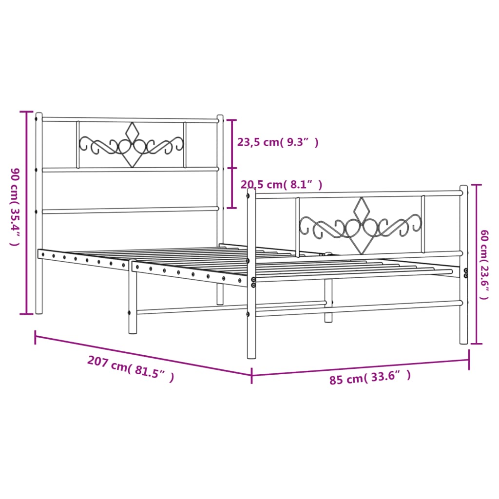 vidaXL gultas rāmis ar galvgali un kājgali, melns metāls, 80x200 cm