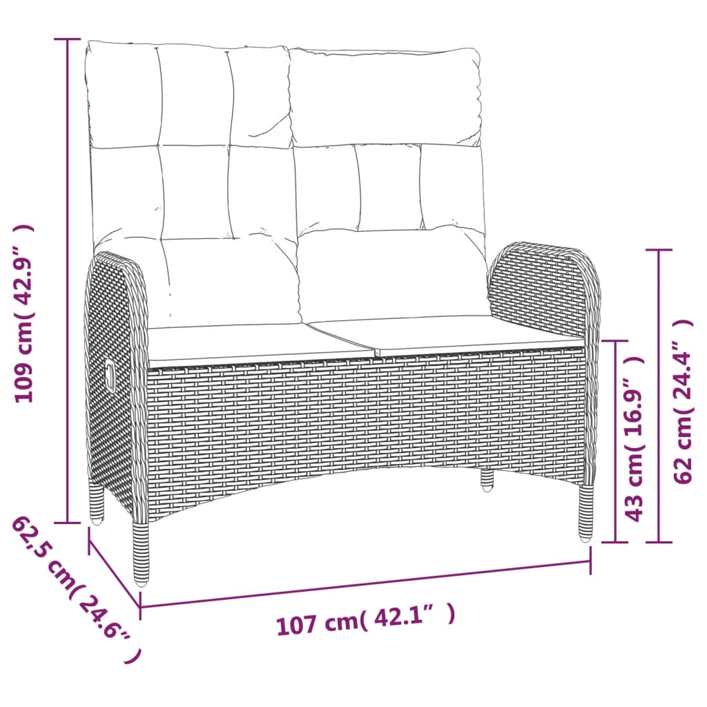 vidaXL atgāžams dārza sols ar matračiem, 107 cm, melna PE rotangpalma