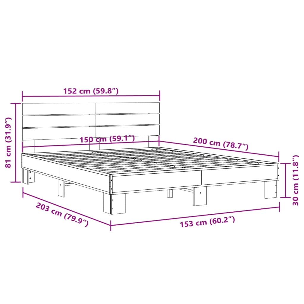 vidaXL gultas rāmis, ozola krāsā, 150x200cm, inženierijas koks, metāls