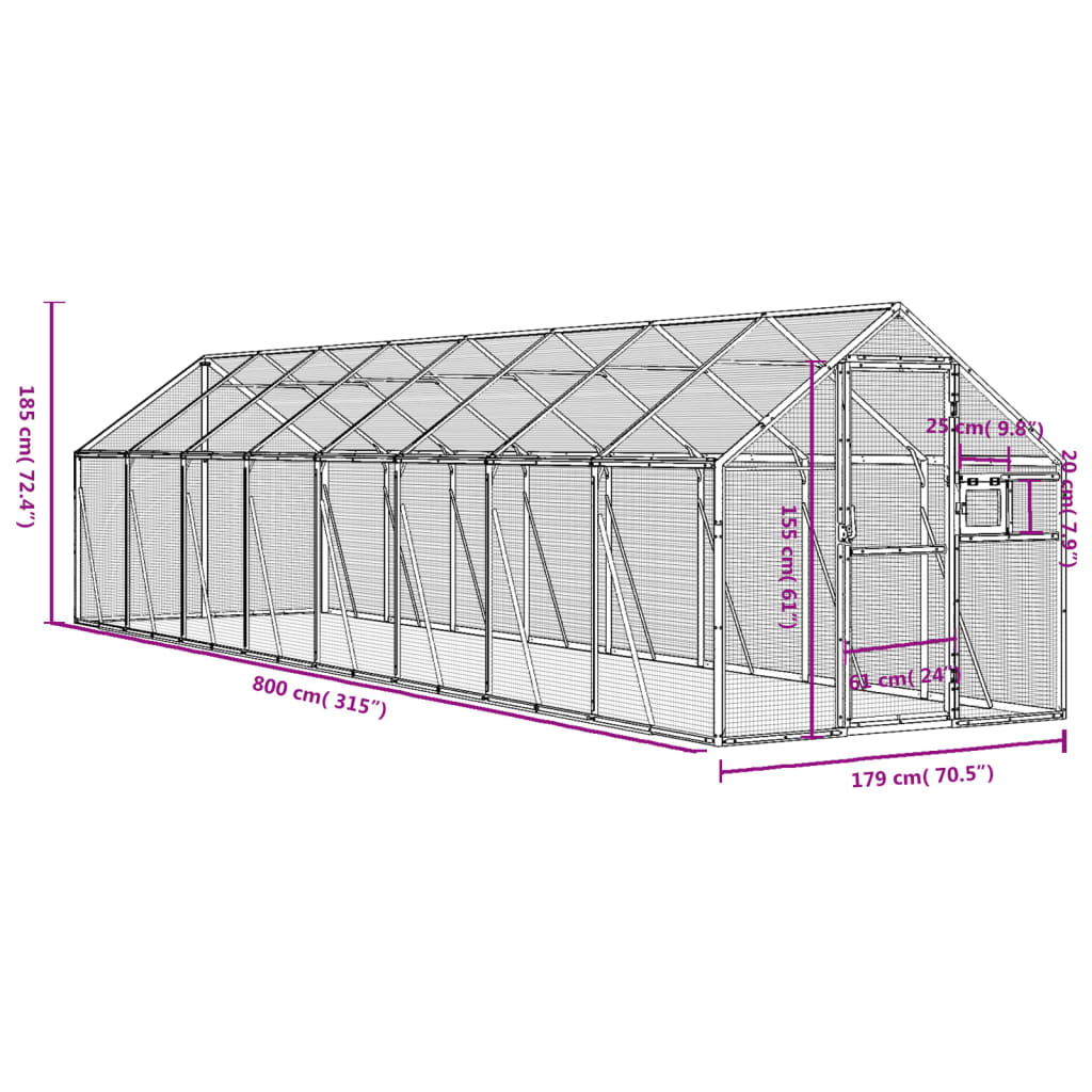 vidaXL putnu māja, pelēka, 1,79x8x1,85 m, alumīnijs