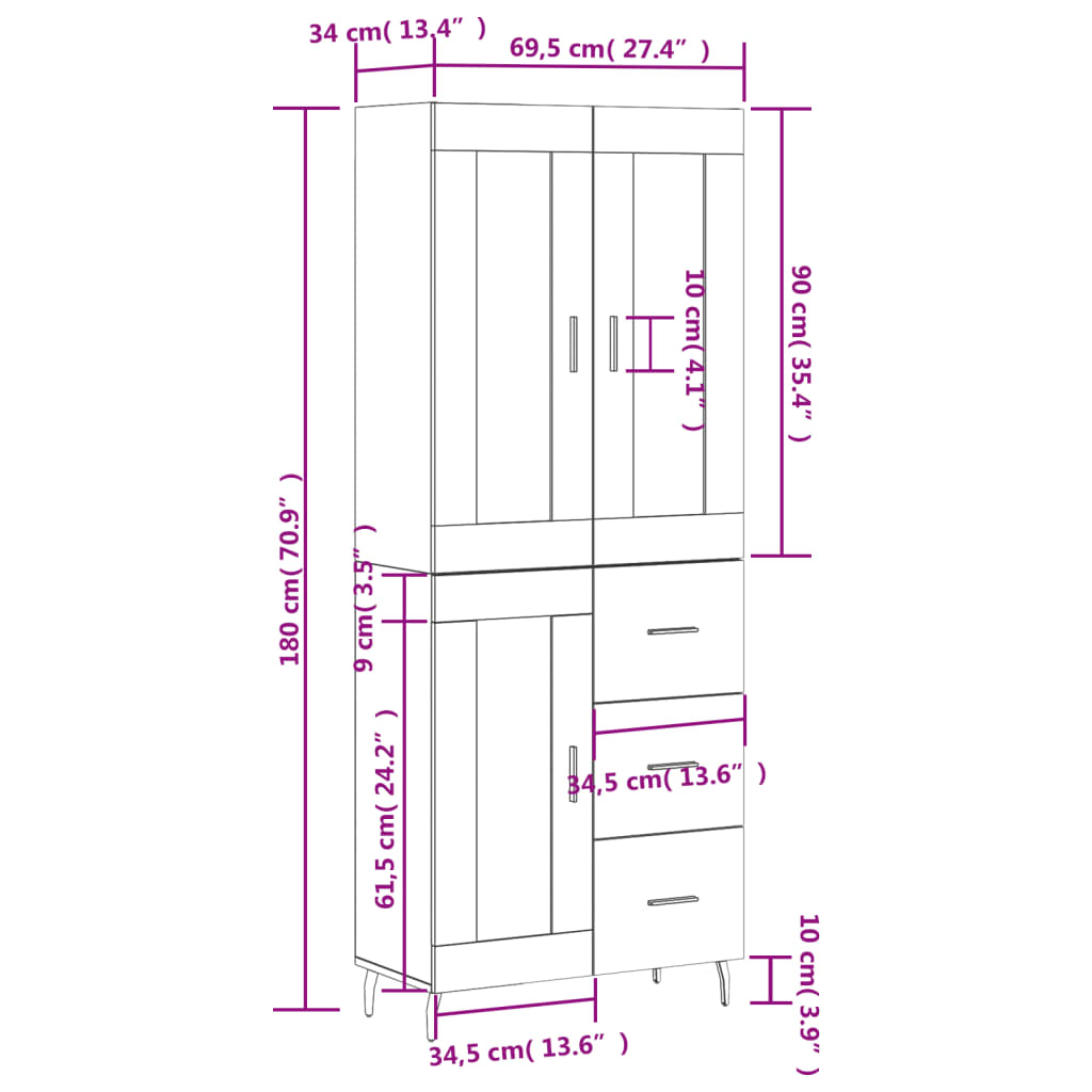 vidaXL augstais skapis, balts, 69,5x34x180 cm, inženierijas koks