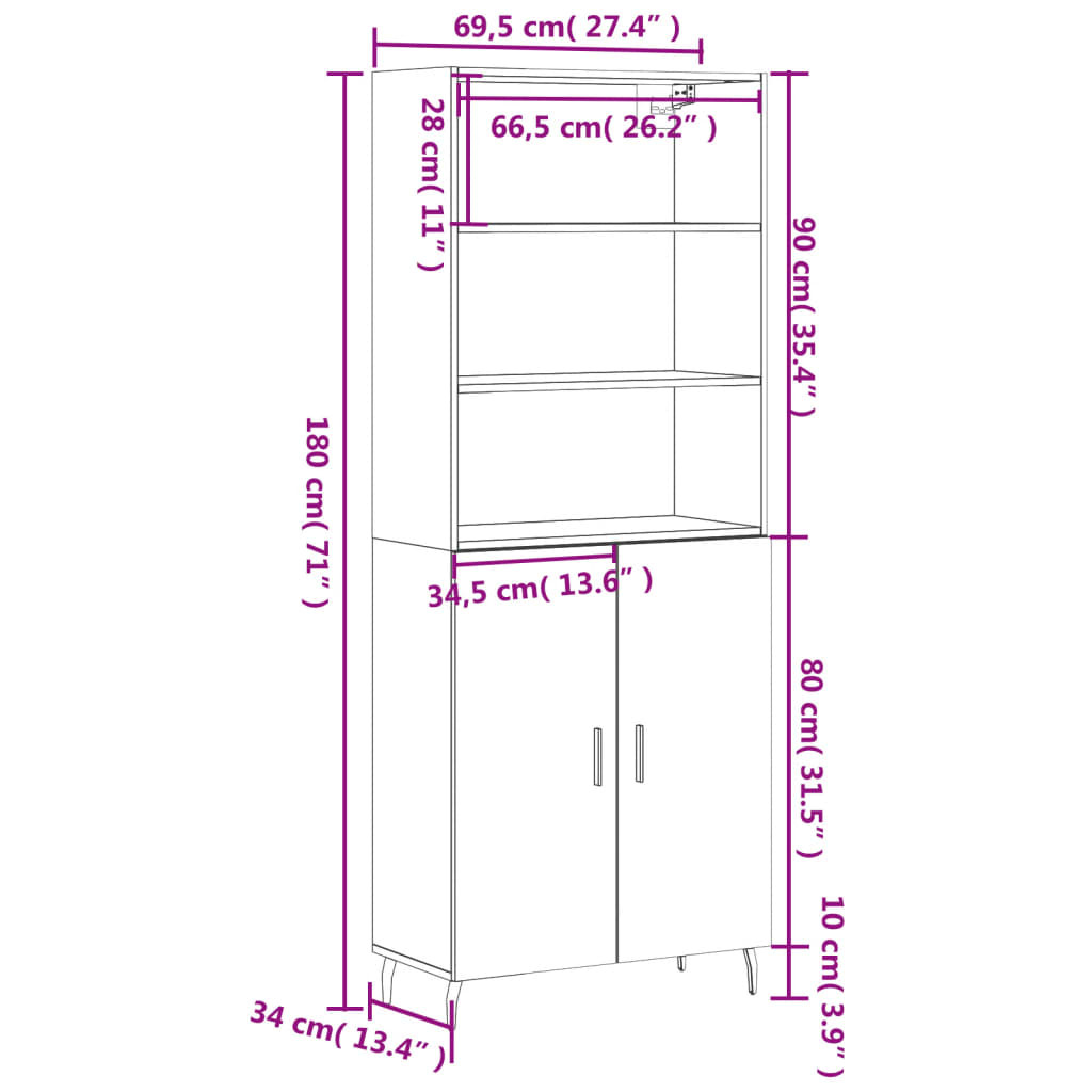 vidaXL augstais skapis, ozolkoka, 69,5x34x180 cm, inženierijas koks