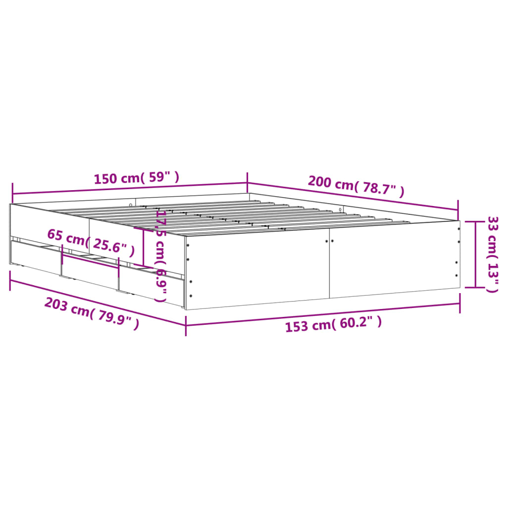 vidaXL gultas rāmis ar atvilktnēm, pelēks,150x200cm, inženierijas koks