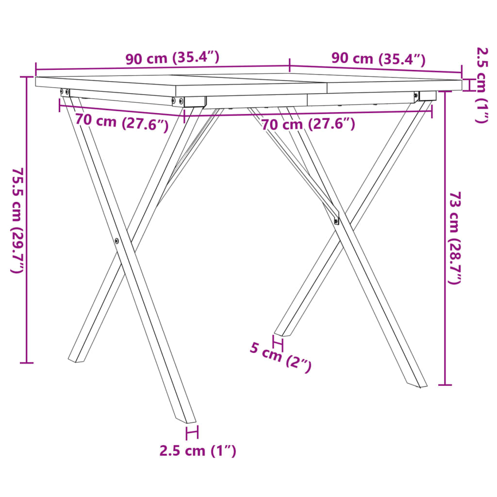 vidaXL virtuves galds, X-rāmis, 90x90x75,5 cm, priedes koks, čuguns