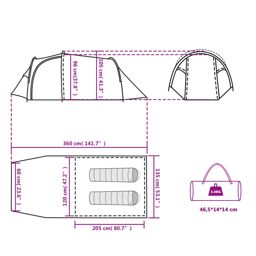 vidaXL kempinga telts tuneļa 2personām balta ūdensnecaurlaidīga audums