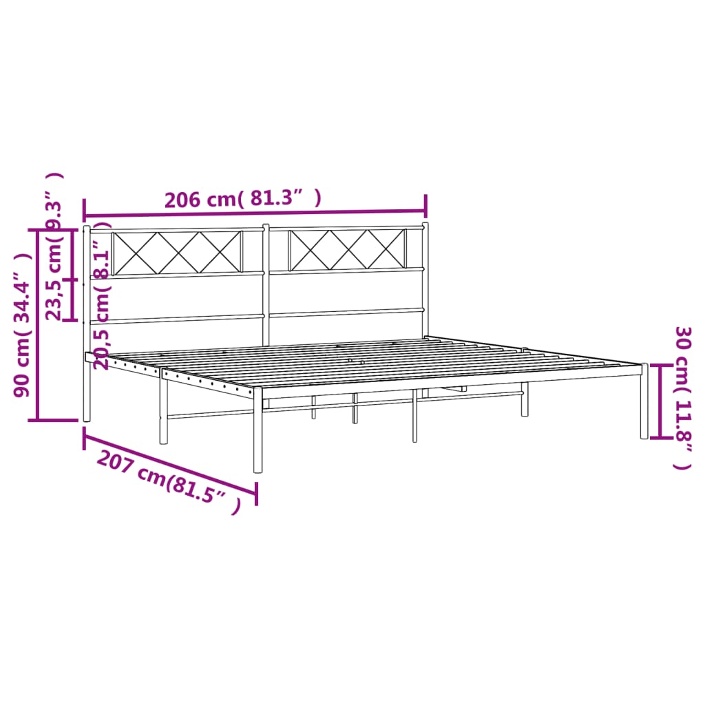 vidaXL gultas rāmis ar galvgali, melns metāls, 200x200 cm