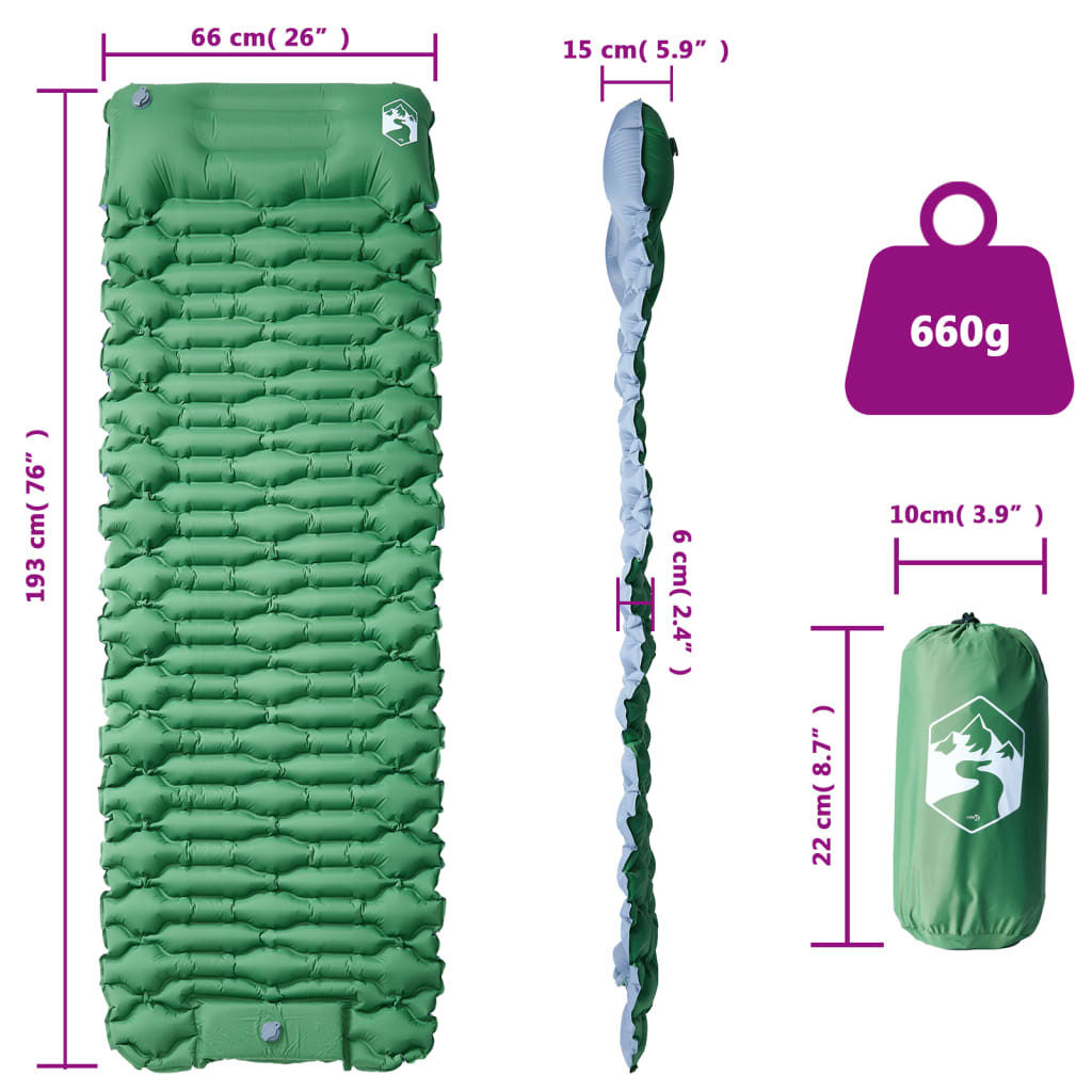 vidaXL pašpiepūšams kempinga matracis, spilvens, vienvietīgs, zaļš