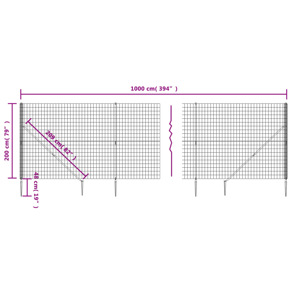 vidaXL stiepļu žogs ar zemes mietiņiem, zaļš, 2x10 m