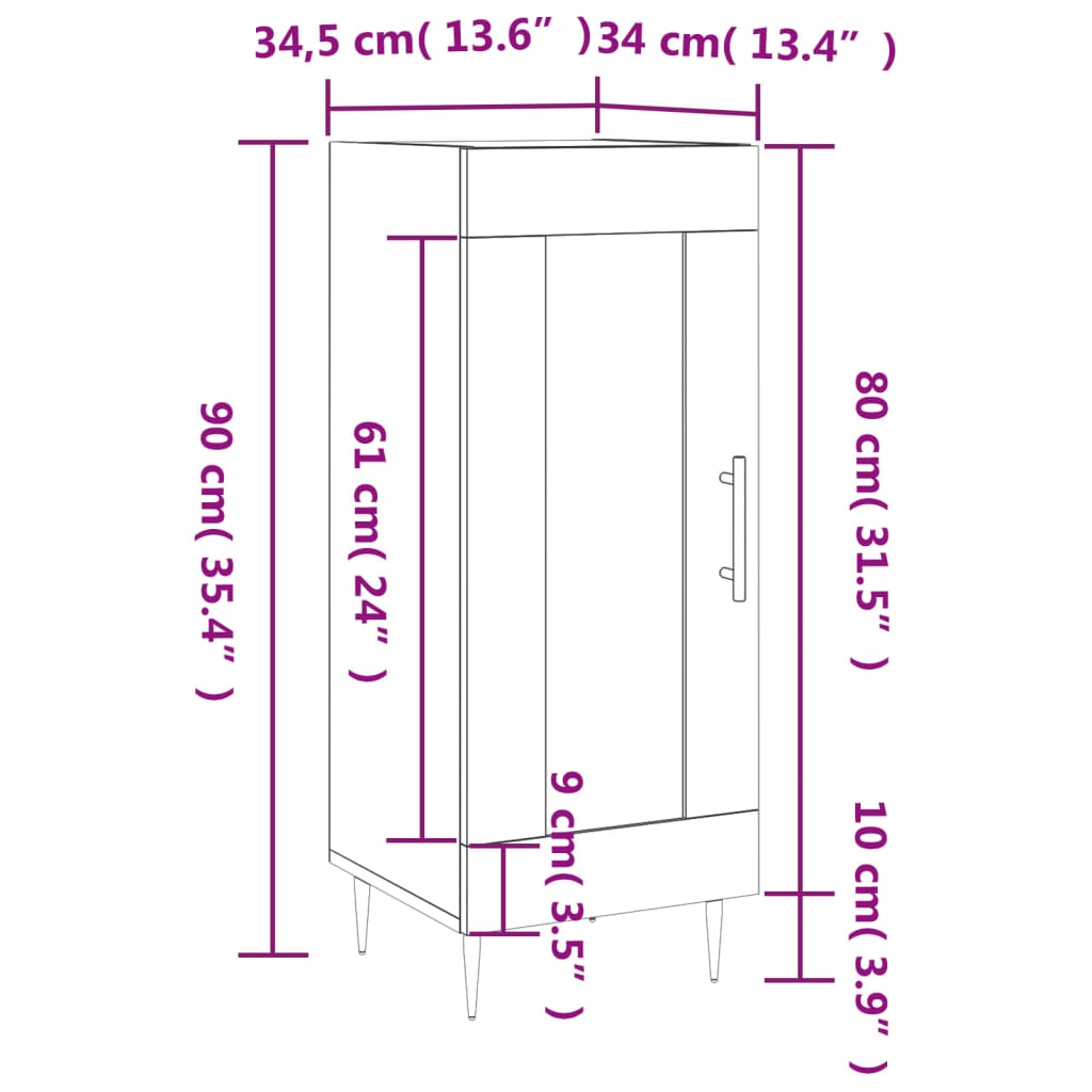 vidaXL kumode, pelēka ozolkoka, 34,5x34x90 cm, inženierijas koks