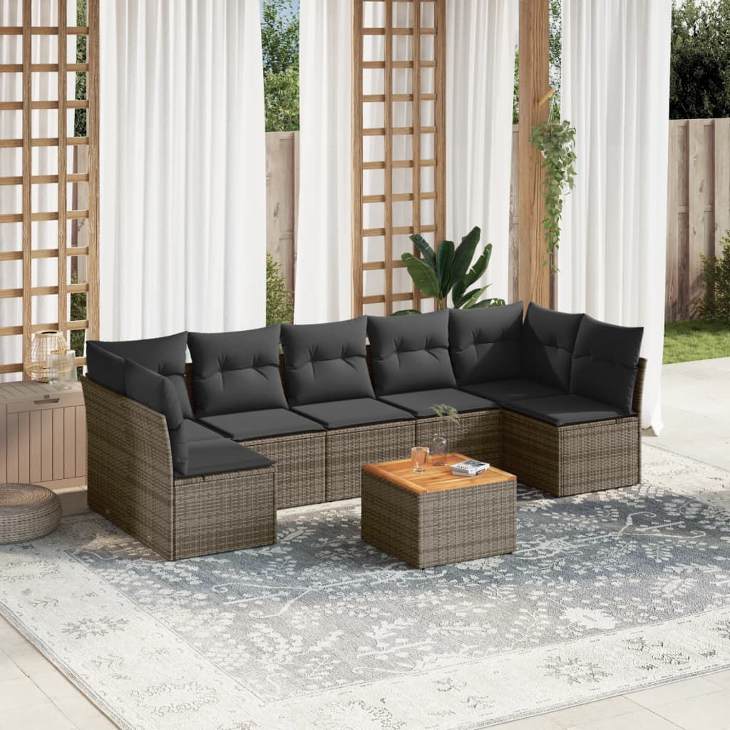 vidaXL 8-daļīgs dārza dīvāna komplekts ar matračiem, pelēks PE pinums