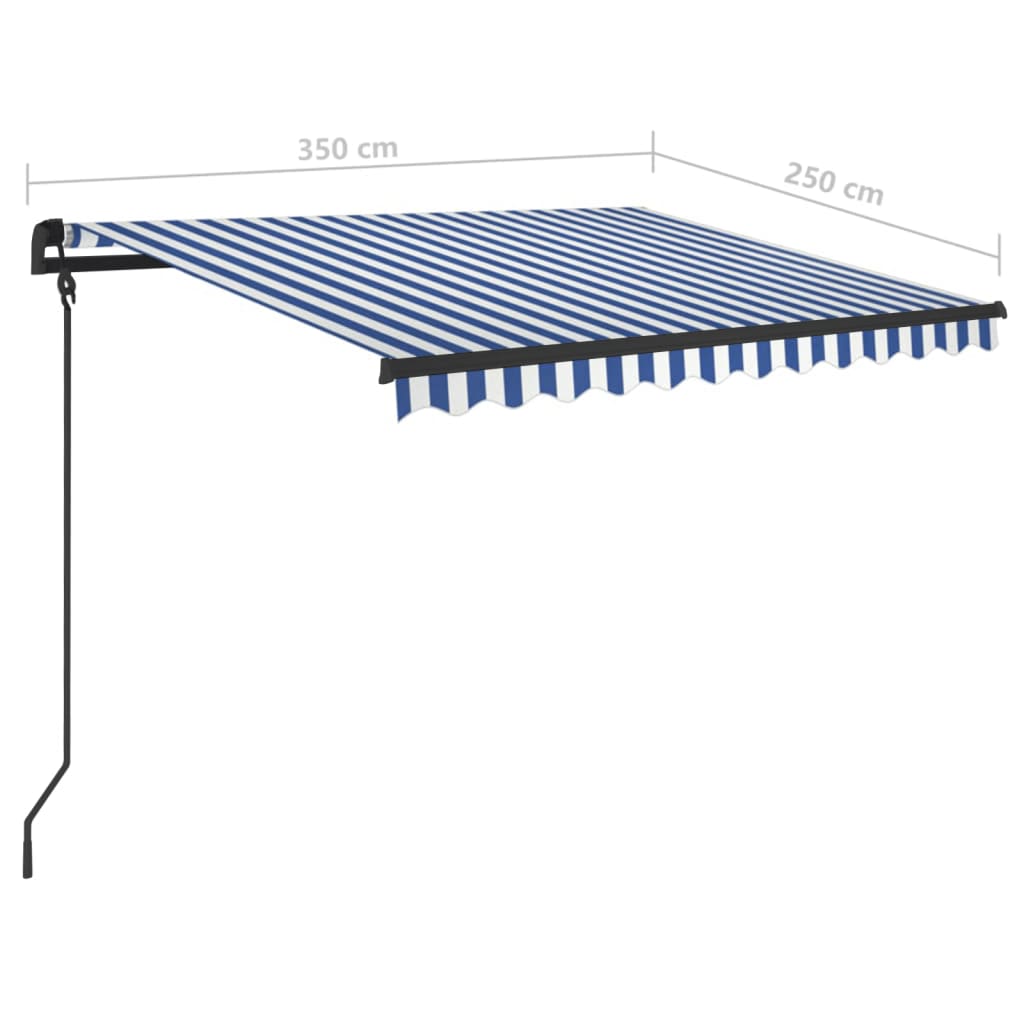 vidaXL izvelkama markīze ar stabiem, 3,5x2,5 m, manuāla, zili balta