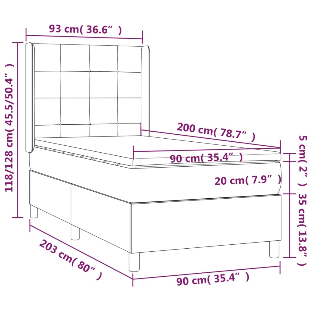 vidaXL atsperu gulta ar matraci, melna samts, 90x200 cm