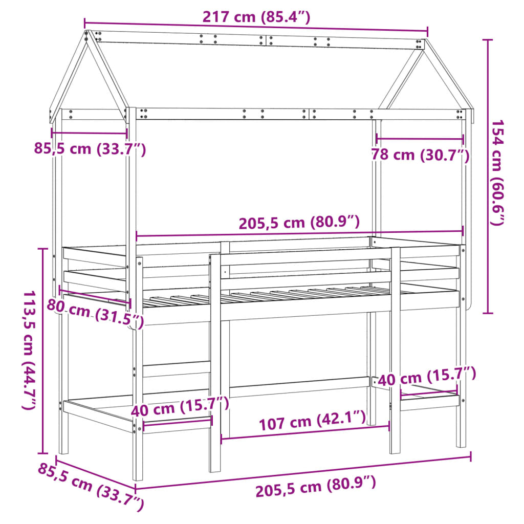 vidaXL augstā gulta ar jumtu, balta, 80x200 cm, priedes masīvkoks