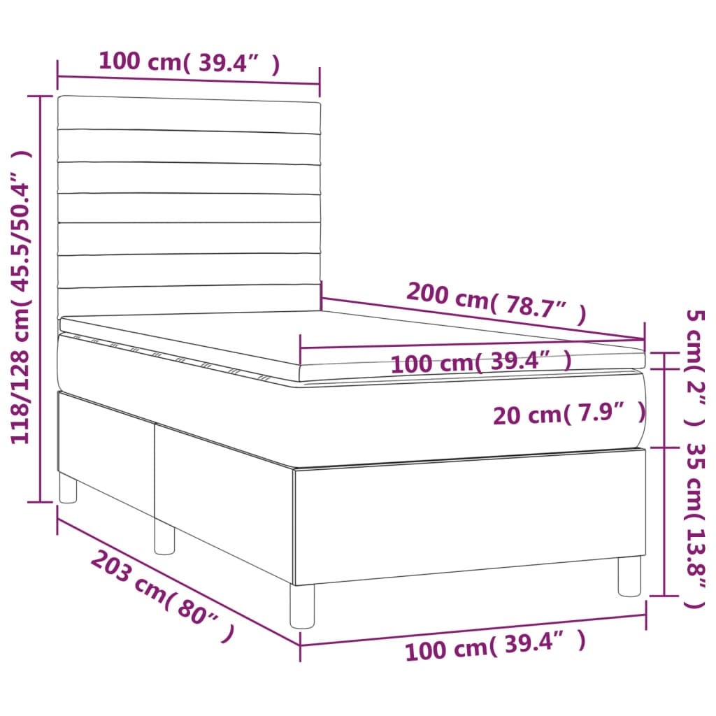 vidaXL atsperu gulta ar matraci, LED, melns audums, 100x200 cm