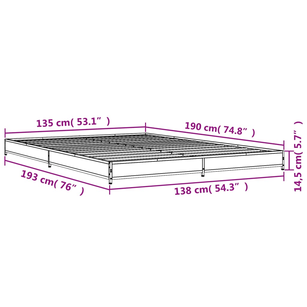 vidaXL gultas rāmis, ozola krāsā, 135x190cm, inženierijas koks, metāls