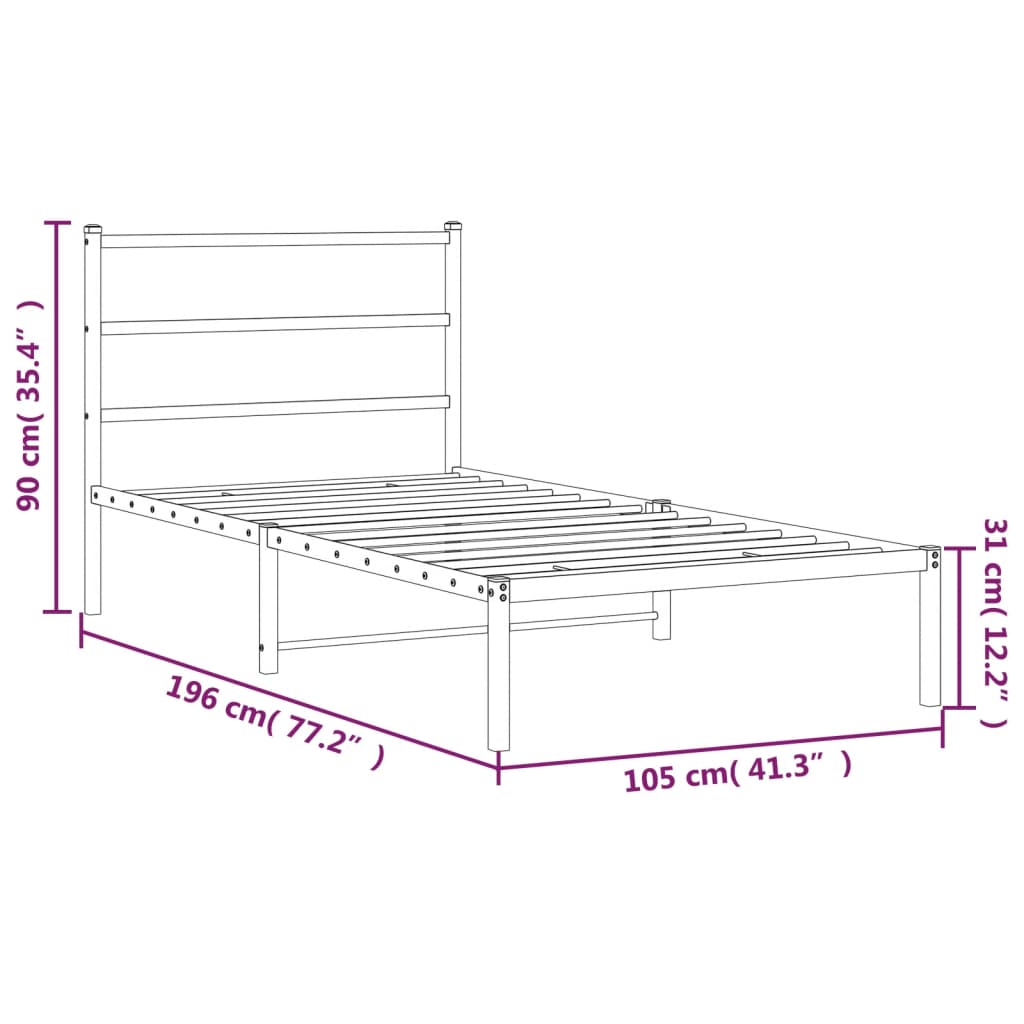 vidaXL gultas rāmis ar galvgali, melns metāls, 100x190 cm