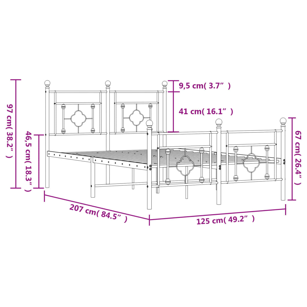 vidaXL gultas rāmis ar galvgali un kājgali, melns metāls, 120x200 cm