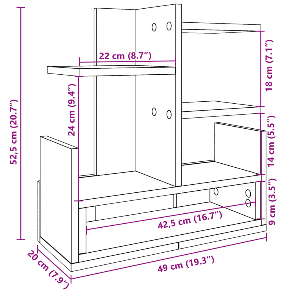 vidaXL rakstāmgalda organizators, betona pelēks, 49x20x52,5 cm, koks