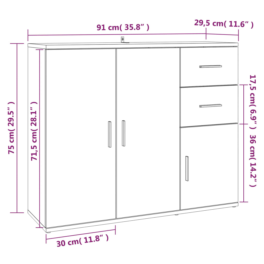 vidaXL kumode, ozolkoka krāsa, 91x29,5x75 cm, inženierijas koks