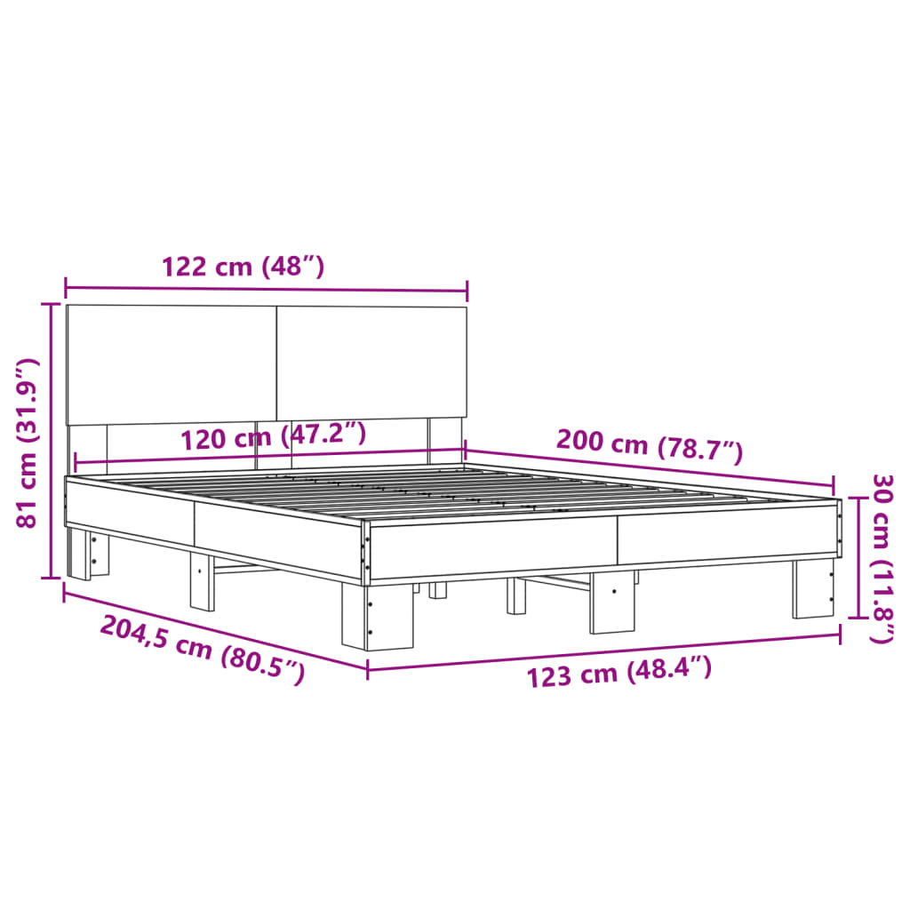 vidaXL gultas rāmis, brūna ozola, 120x200cm, inženierijas koks, metāls