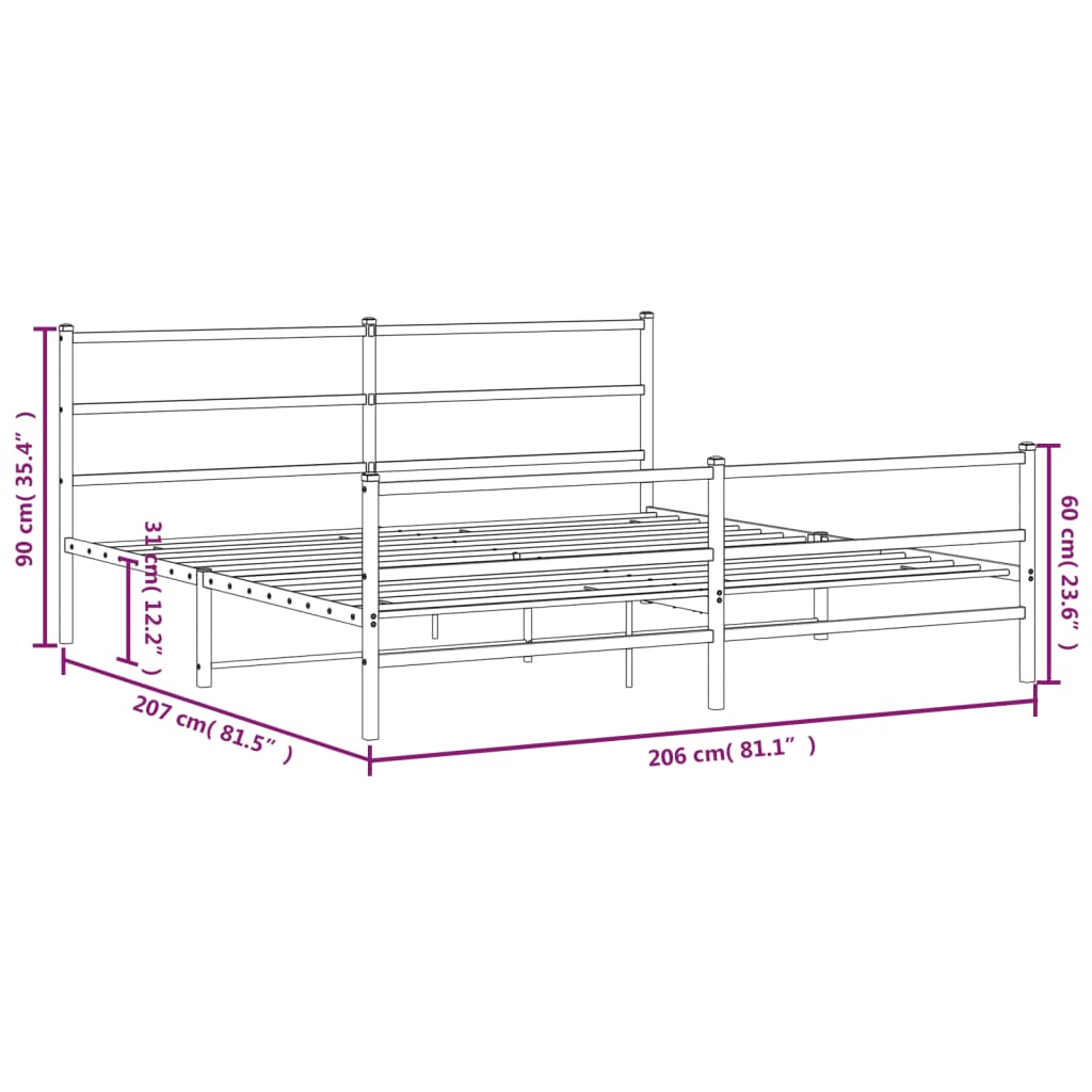 vidaXL gultas rāmis ar galvgali un kājgali, melns metāls, 200x200 cm