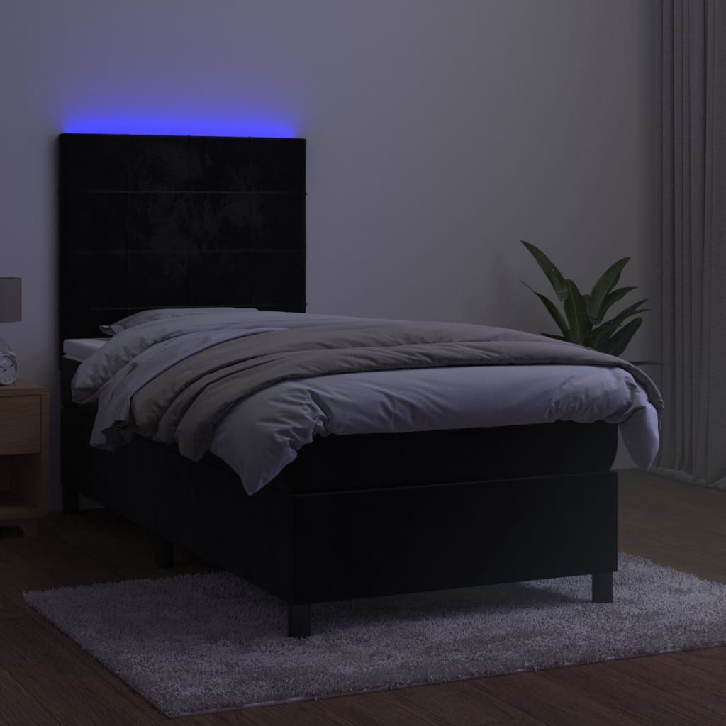 vidaXL atsperu gulta ar matraci, LED, melns samts, 90x190 cm