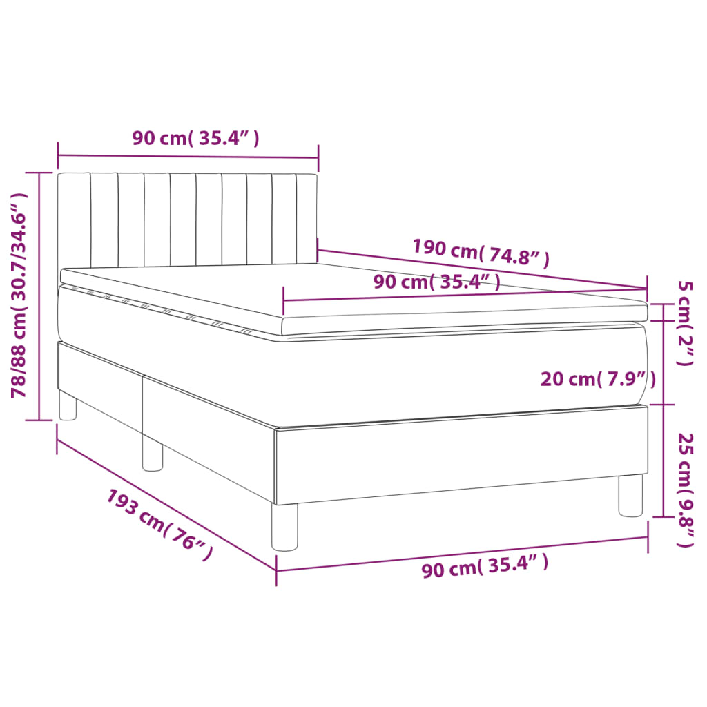 vidaXL atsperu gulta ar matraci, LED, tumši brūns audums, 90x190 cm